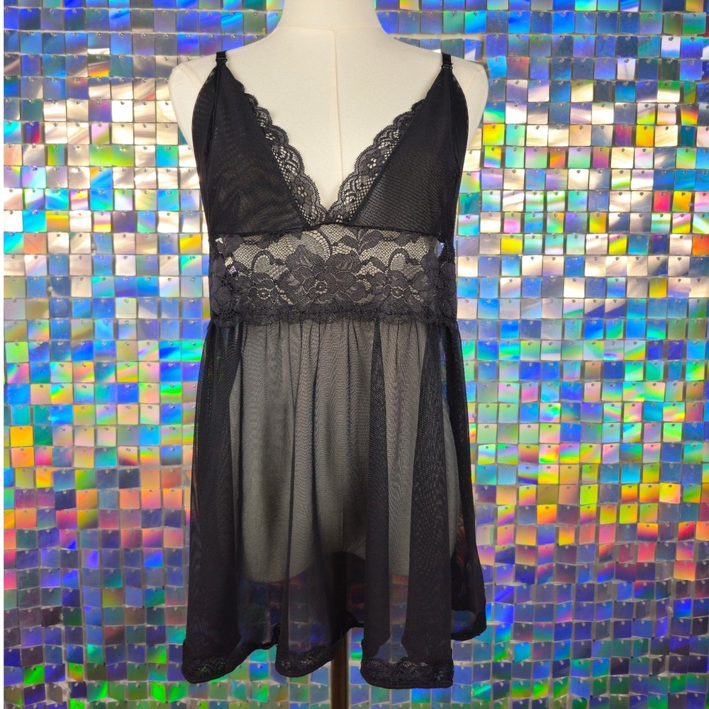 Mesh Lace Babydoll Chemise Black Woman's S Sheer Lingerie Nursing Post Pregnancy